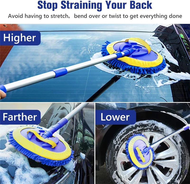 2-in-1 Telescopic Chenille Car Wash Mop w. Removable Wash Mitt (1.75-3.75 ft. Extension) - KaJay Automotive