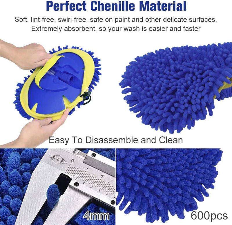 2-in-1 Telescopic Chenille Car Wash Mop w. Removable Wash Mitt (1.75-3.75 ft. Extension) - KaJay Automotive