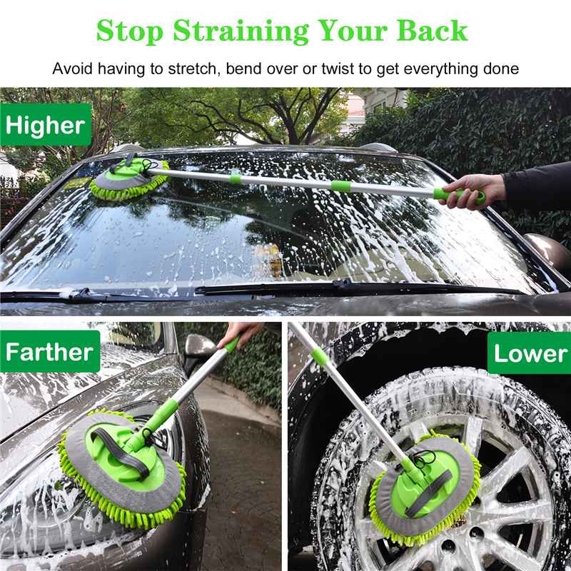 3-in-1 Chenille Wash Mop & Window Cleaner w. Removable Car Wash Mitt (3.75 ft.) - KaJay Automotive