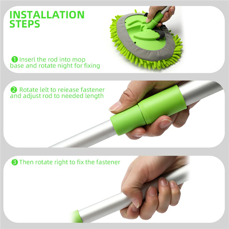 3-in-1 Chenille Wash Mop & Window Cleaner w. Removable Car Wash Mitt (3.75 ft.) - KaJay Automotive
