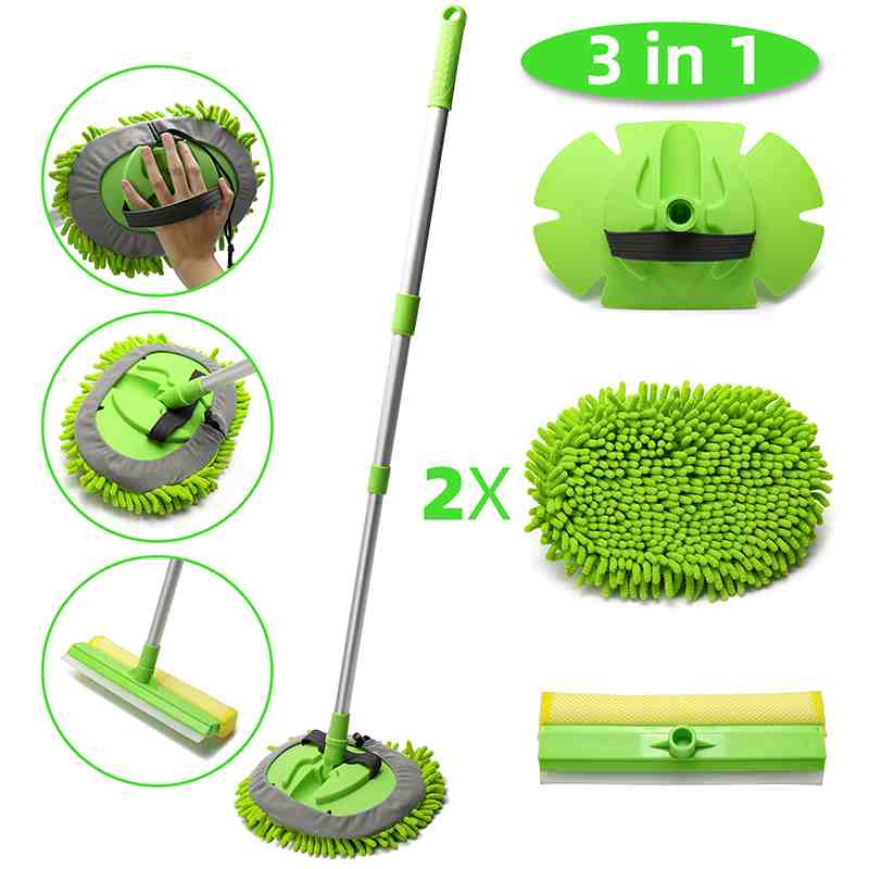 3-in-1 Chenille Wash Mop & Window Cleaner w. Removable Car Wash Mitt (3.75 ft.) - KaJay Automotive