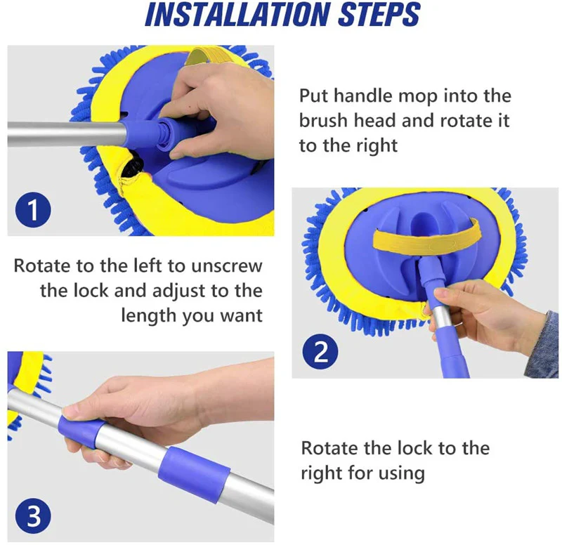 2-in-1 Telescopic Chenille Car Wash Mop w. Removable Wash Mitt (1.75-3.75 ft. Extension) - KaJay Automotive
