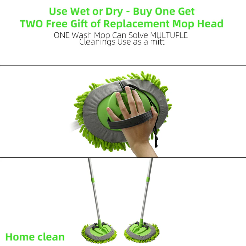 3-in-1 Chenille Wash Mop & Window Cleaner w. Removable Car Wash Mitt (3.75 ft.) - KaJay Automotive